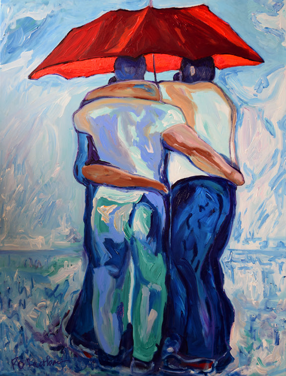 Rainbears Under the Red Umbrella - Beefcake Painterly Style hand signed art painting print