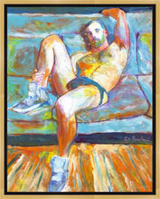 Load image into Gallery viewer, The Blue Sofa - Beefcake Painterly Style signed mixed media painting framed