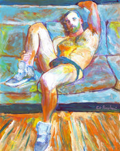 Load image into Gallery viewer, The Blue Sofa - Beefcake Painterly Style signed mixed media painting framed