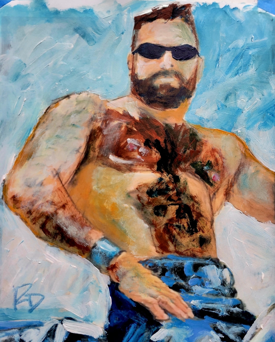 Big Red Motorcycle Daddy – Beefcake Style Signed Art Print by RD Riccoboni