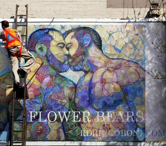 Flower Bears mural by RD Riccoboni installed on a billboard, showing two bears surrounded by colorful flowers