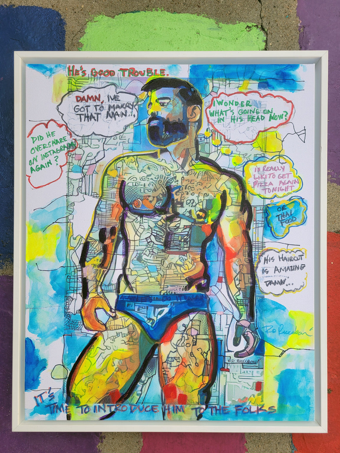 Good Trouble hand-embellished original canvas painting by RD Riccoboni in a white wood float frame