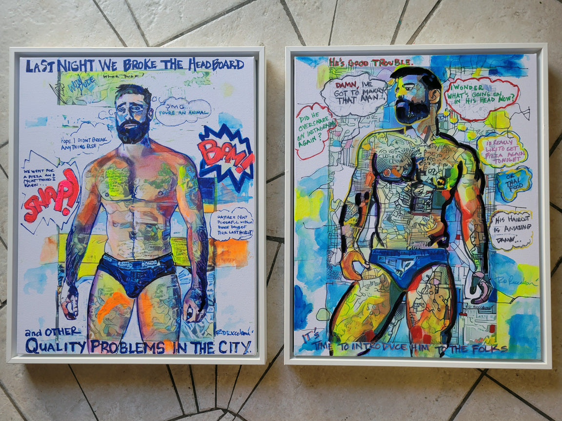 Last Night We Broke the Headboard and Good Trouble hand-embellished original canvas paintings in white wood float frames