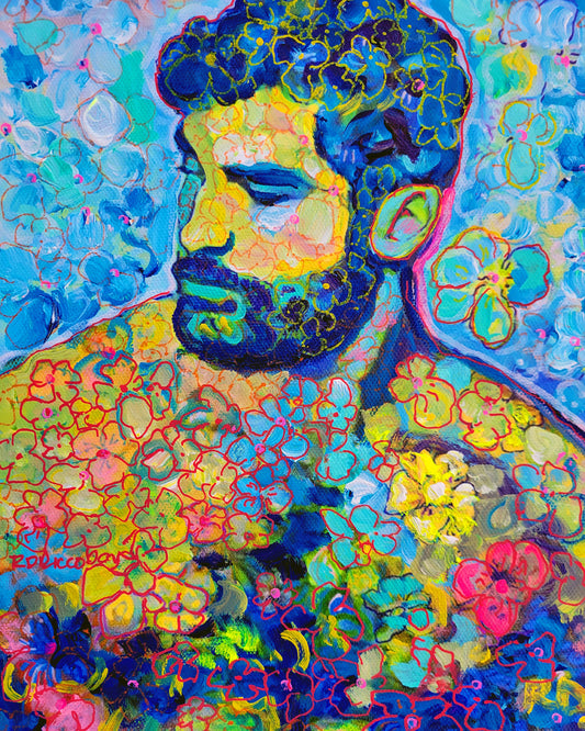 Flower Bear Blue – Beefcake Flower Bear Style Signed Print by RD Riccoboni