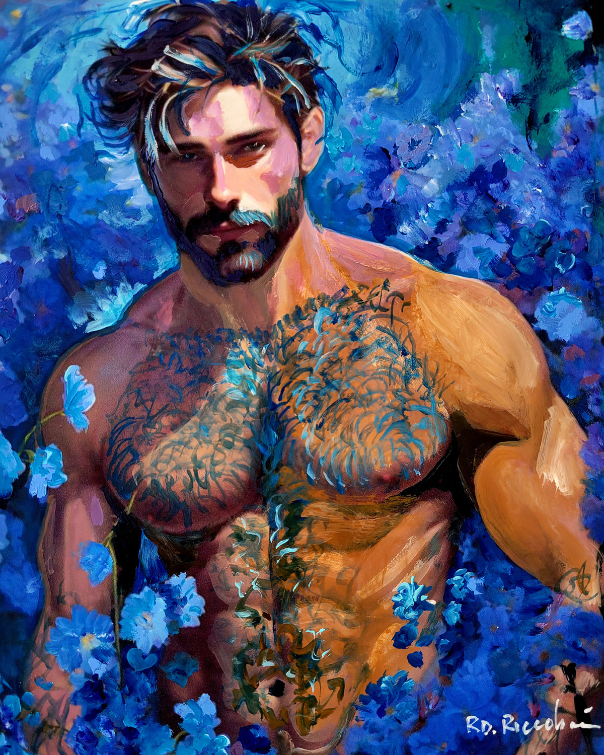Knight in the Delphinium - Surreal Flower Bear Style signed painting print by Riccoboni