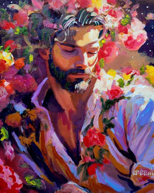 The Stowaway Bearded Flower Bear  - Surreal Flower Bear Style signed painting print by Riccoboni