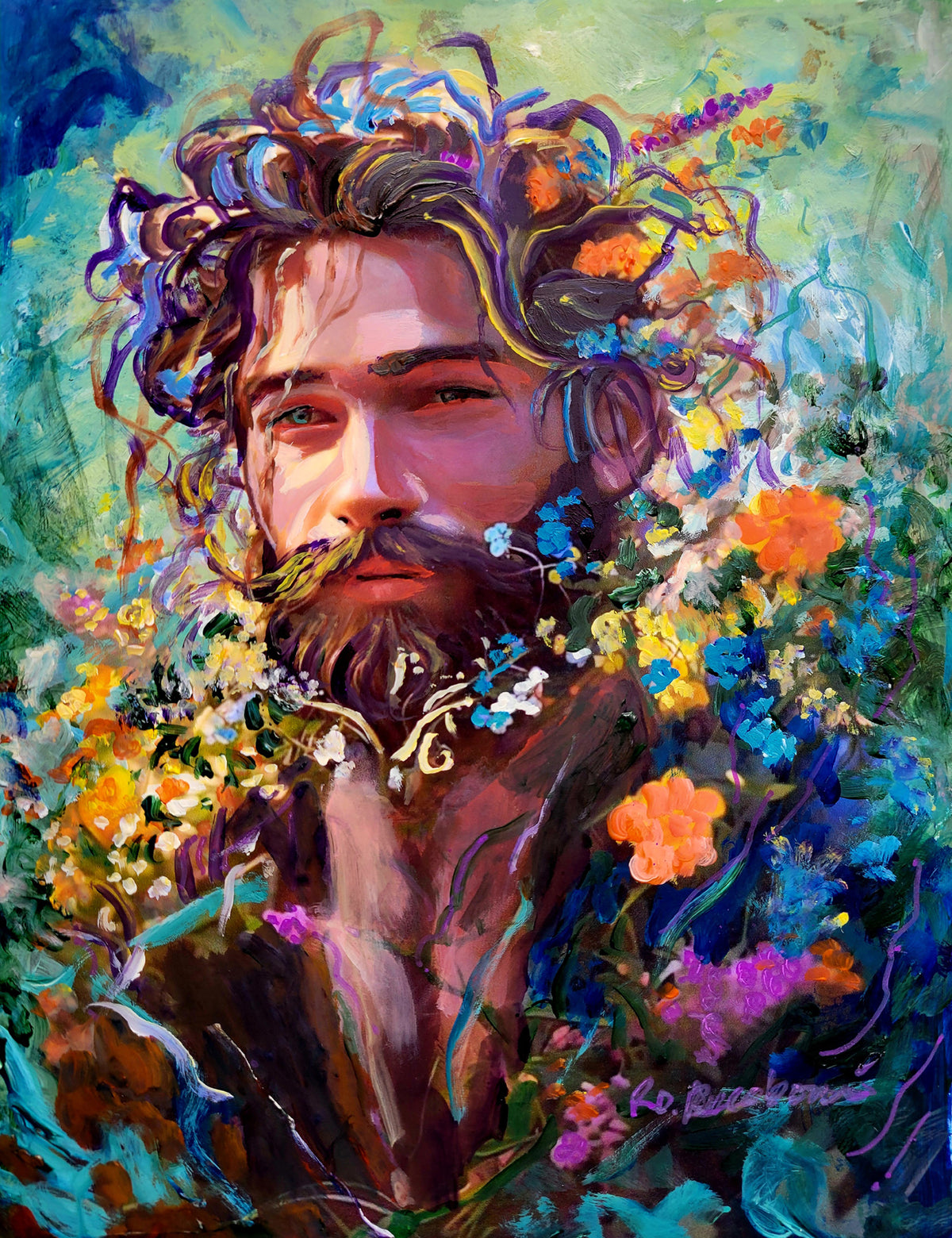 Time Traveler Bearded Flower Bear  - Surreal Flower Bear Style signed painting print by Riccoboni