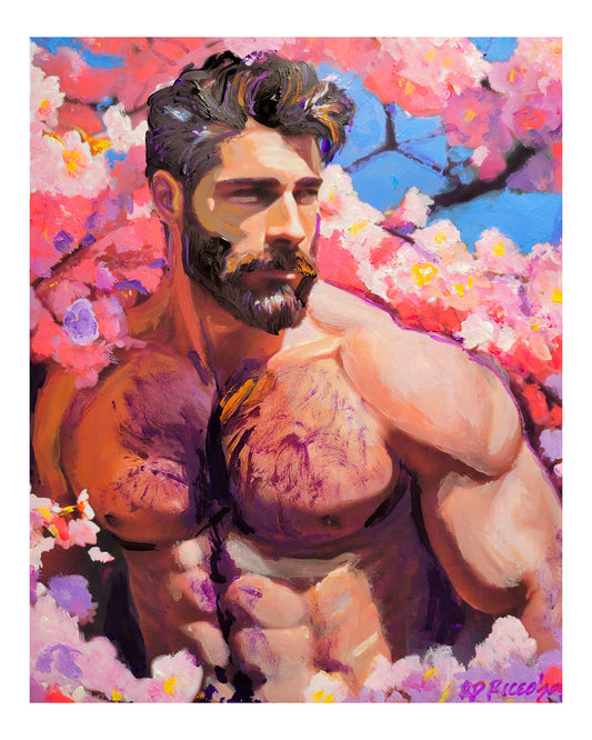 Knight in the Cherry Blossoms - Surreal Flower Bear Style signed painting print by Riccoboni