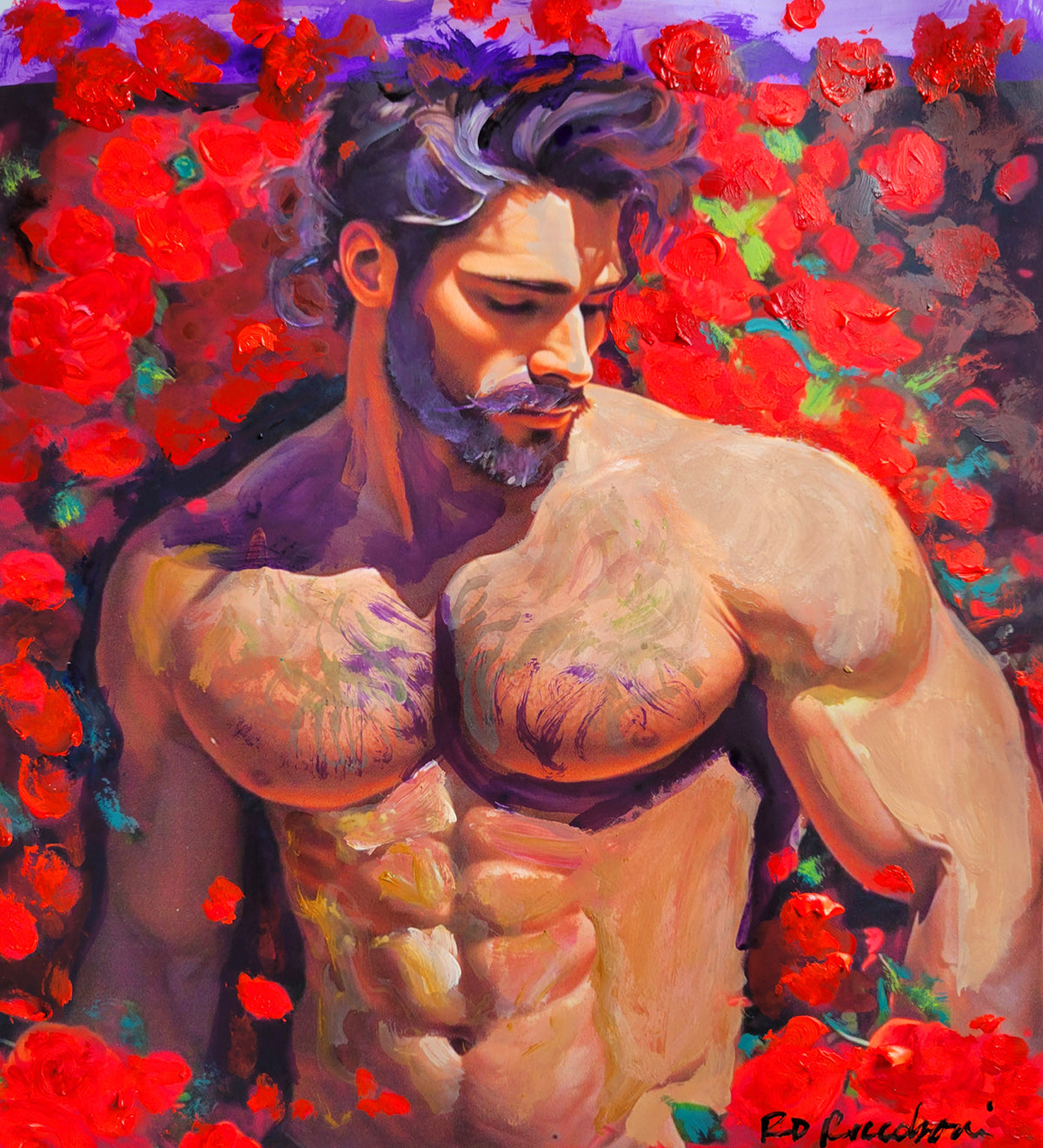 Knight in the Roses - Surreal Flower Bear Style signed painting print by Riccoboni