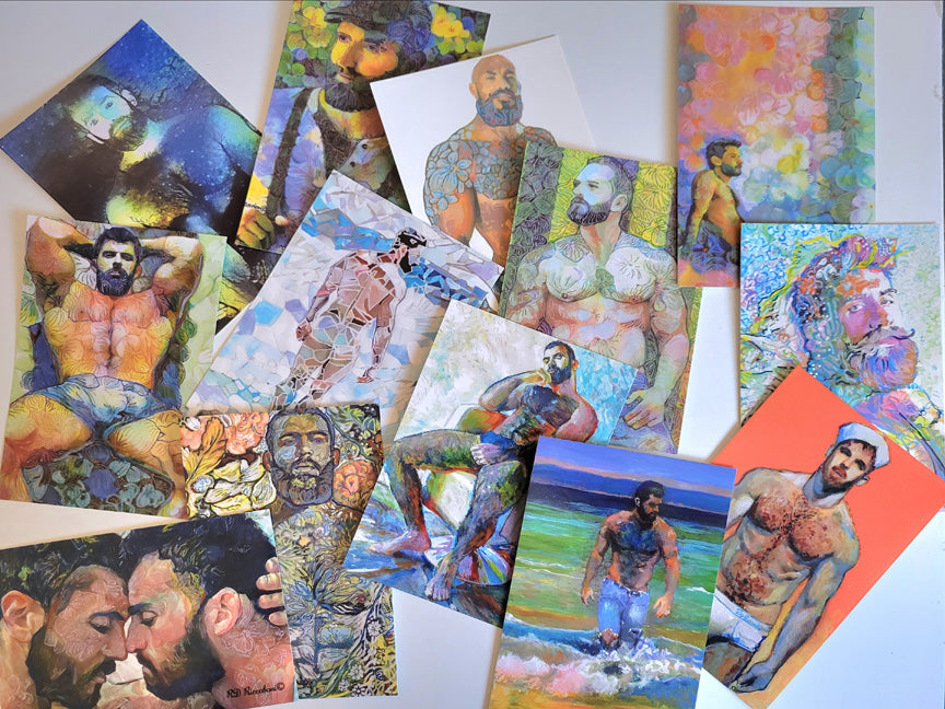 Examples of RD Riccoboni’s colorful mini art prints, including portraits, couples, and beach scenes, arranged in an overlapping display.