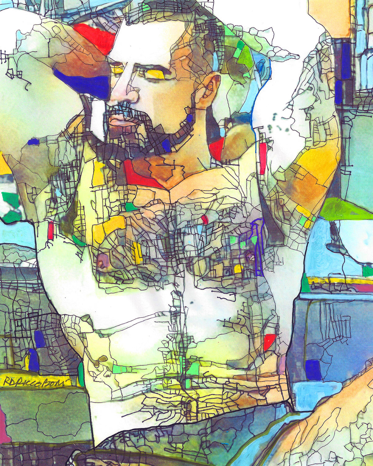 Mapquestor - Beartropolis Flyover Man Map Geometric Style hand signed art painting print