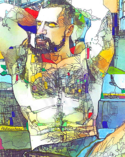 Mapquestor - Beartropolis Flyover Man Map Geometric Style hand signed art painting print