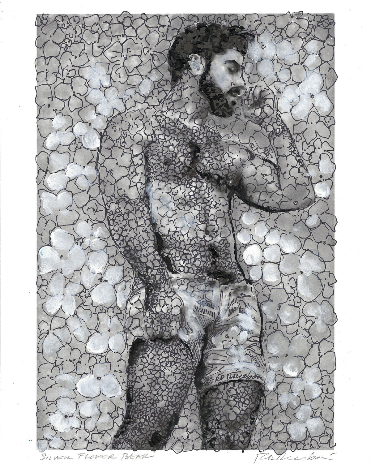 Silver Flower Bear – Surreal Floral Portrait | Signed Art Print by RD Riccoboni