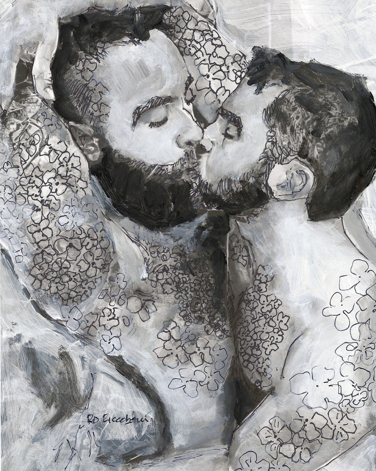 Tell Me More – Beefcake Silver Flower Bear Couple | Signed Art Print by RD Riccoboni