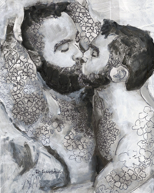 Tell Me More – Beefcake Silver Flower Bear Couple | Signed Art Print by RD Riccoboni