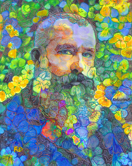 Papa Bear In The Garden - Surreal Flower Bear Style signed painting print - Portrait of Claude Monet