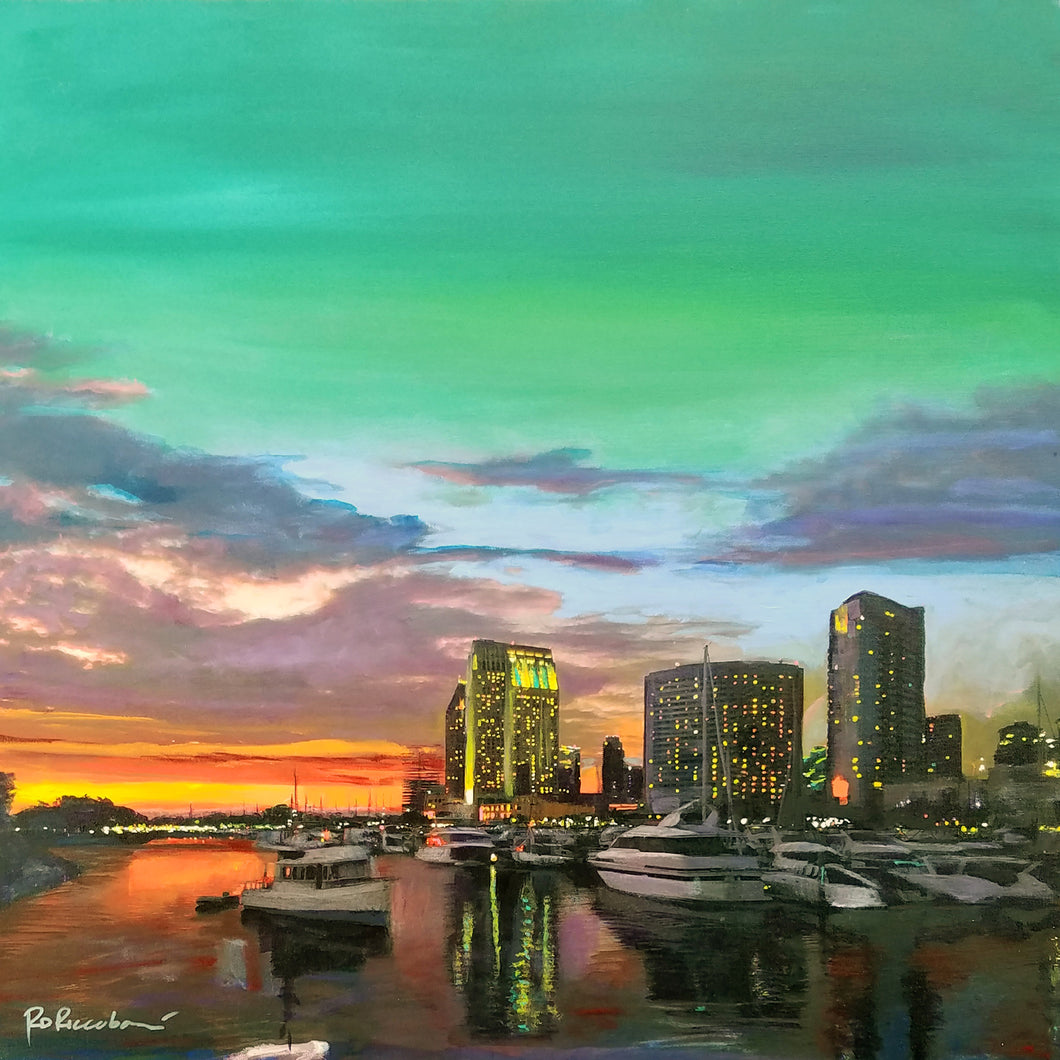 San Diego California Cityscape, Marina and Embarcadero Sunset, Painting and hand signed art painting print