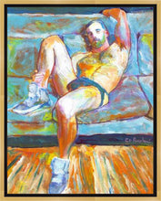 Load image into Gallery viewer, The Blue Sofa - Beefcake Painterly Style signed mixed media painting framed
