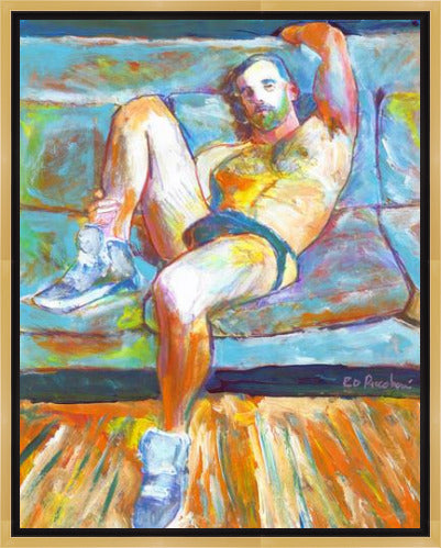 The Blue Sofa - Beefcake Painterly Style signed mixed media painting framed