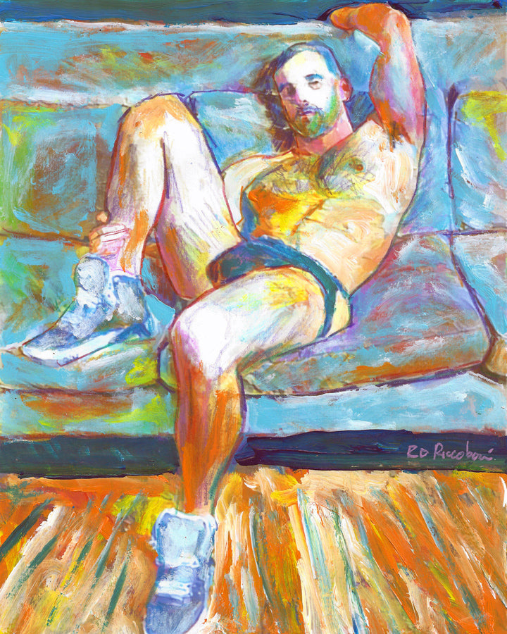The Blue Sofa - Beefcake Painterly Style signed mixed media painting