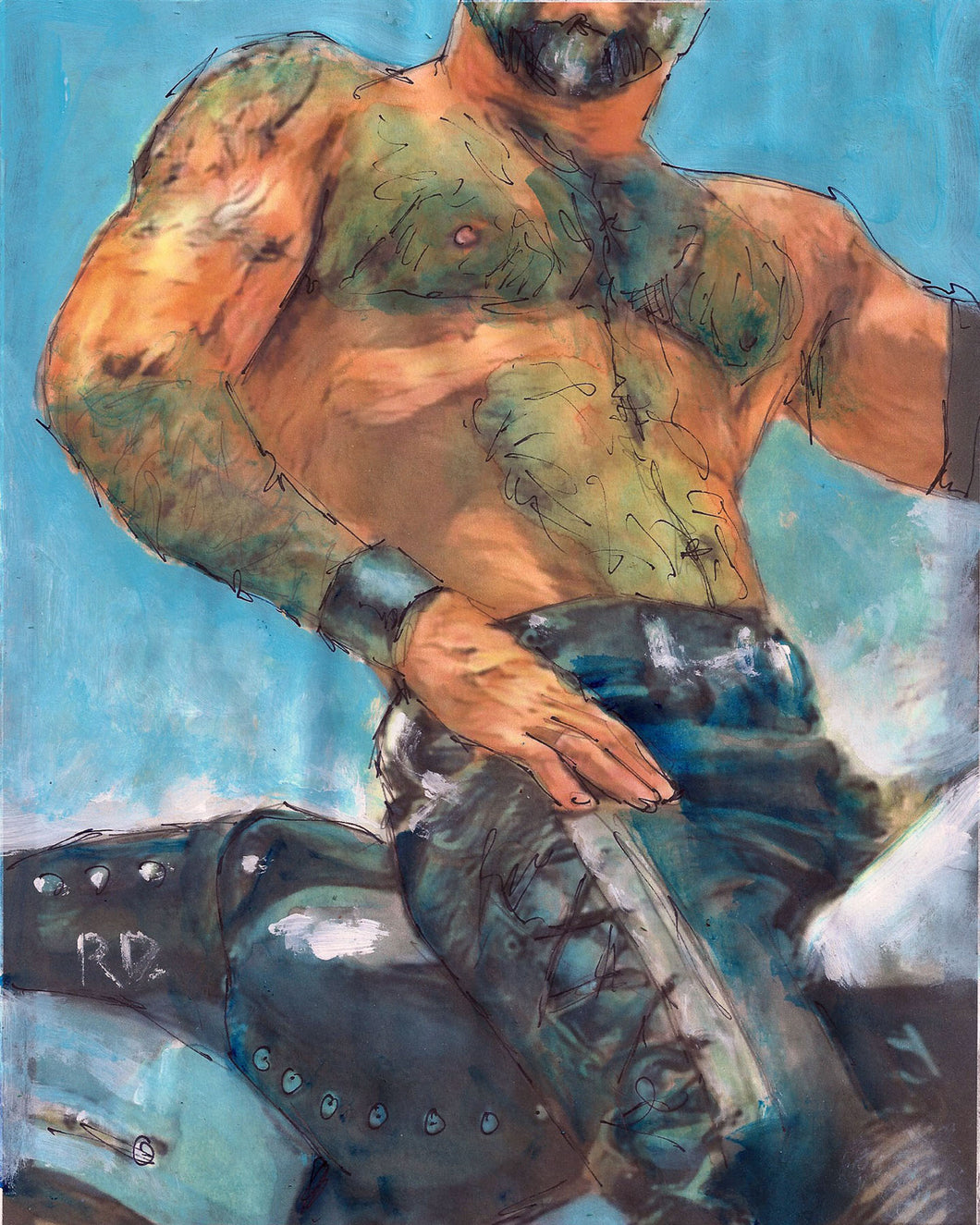 Hogg Heaven -Big Red Motorcycle Daddy Goes to Ocean Beach - Beefcake Painterly Style hand signed art painting print