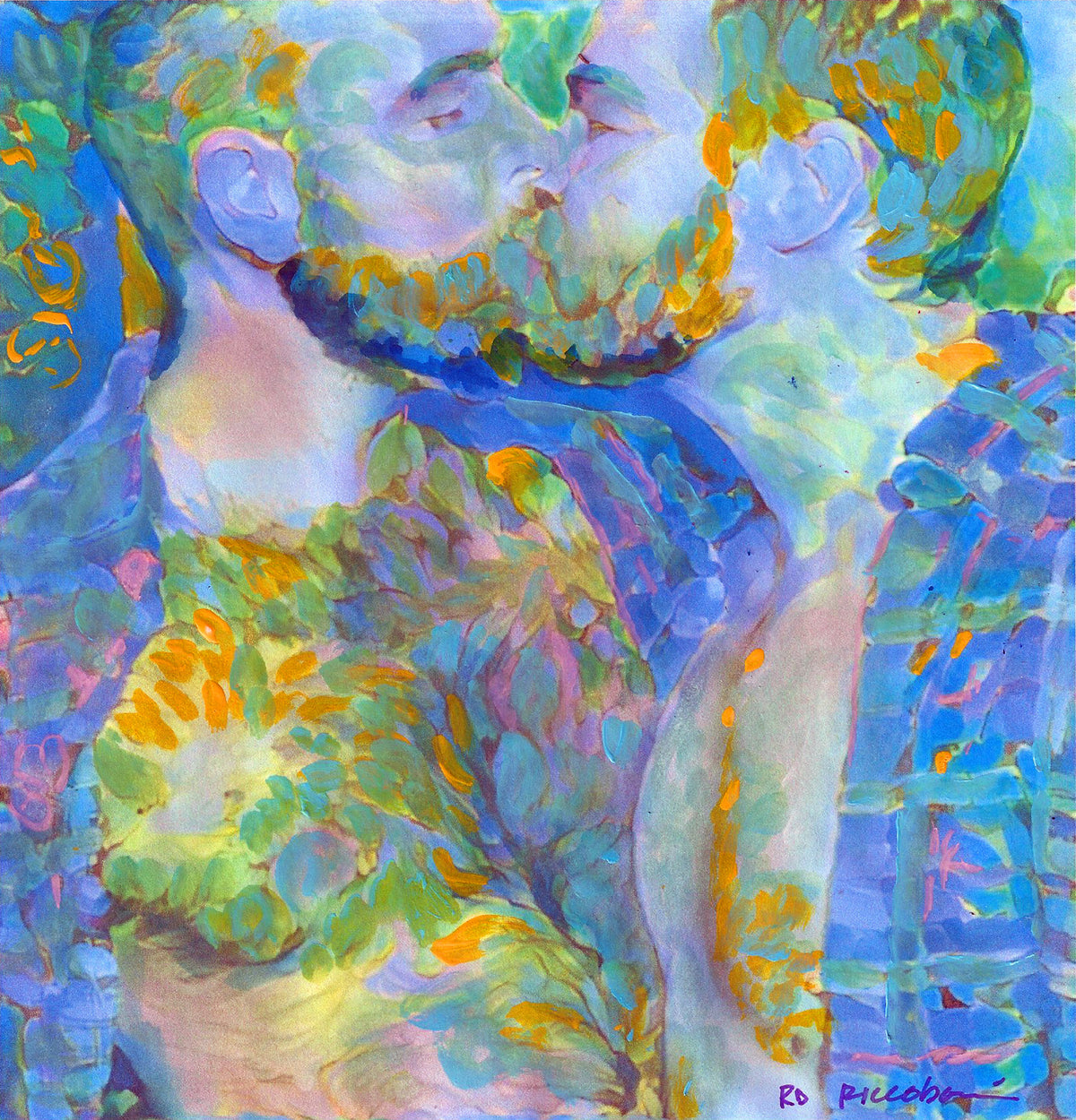 Plaid Kiss In Blue – Strawberry Beefcake Bear Kiss | Signed Print by RD Riccoboni