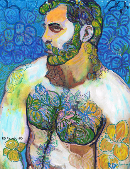 The Flower Bear Blue Beard - Beefcake Flower Bear Style signed painting print