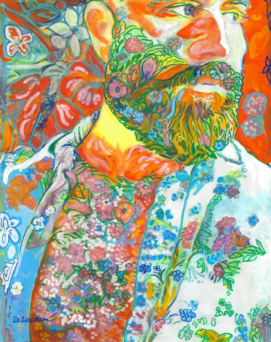 New Masculinity - Orange Flower Bear Garden - Surreal Flower Bear Style Portrait signed painting print