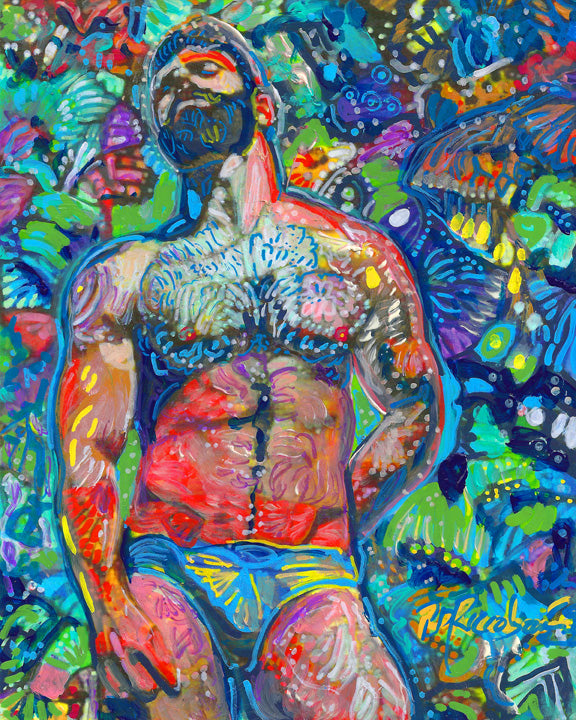 Tropical Mariposa Man - Beefcake Flower Bear Style signed painting print