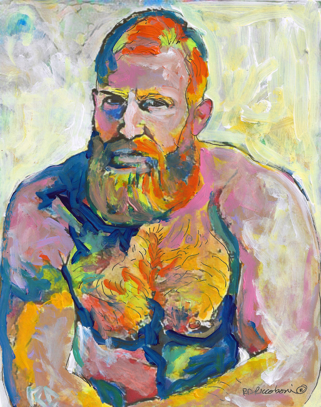 Fire Island Van Gogh  Goes to Tea Dance- Man With The Red Beard - Beefcake Painterly Style hand signed art painting print