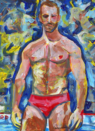 Man In The Red Swimsuit - Beefcake Painterly Style signed painting print
