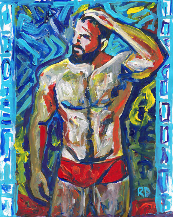 Laguna Beach- Beefcake Painterly Style signed painting print of a Man