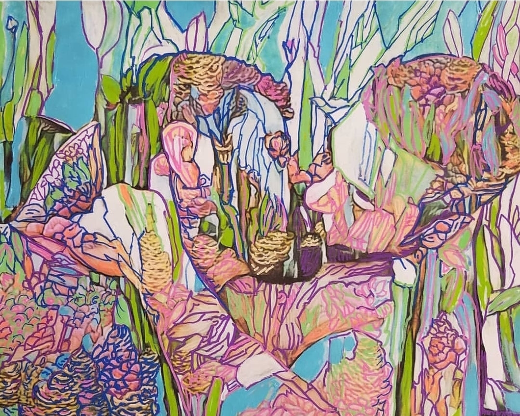 Wild Iris Flower Bears - Beefcake Bear Style signed painting print
