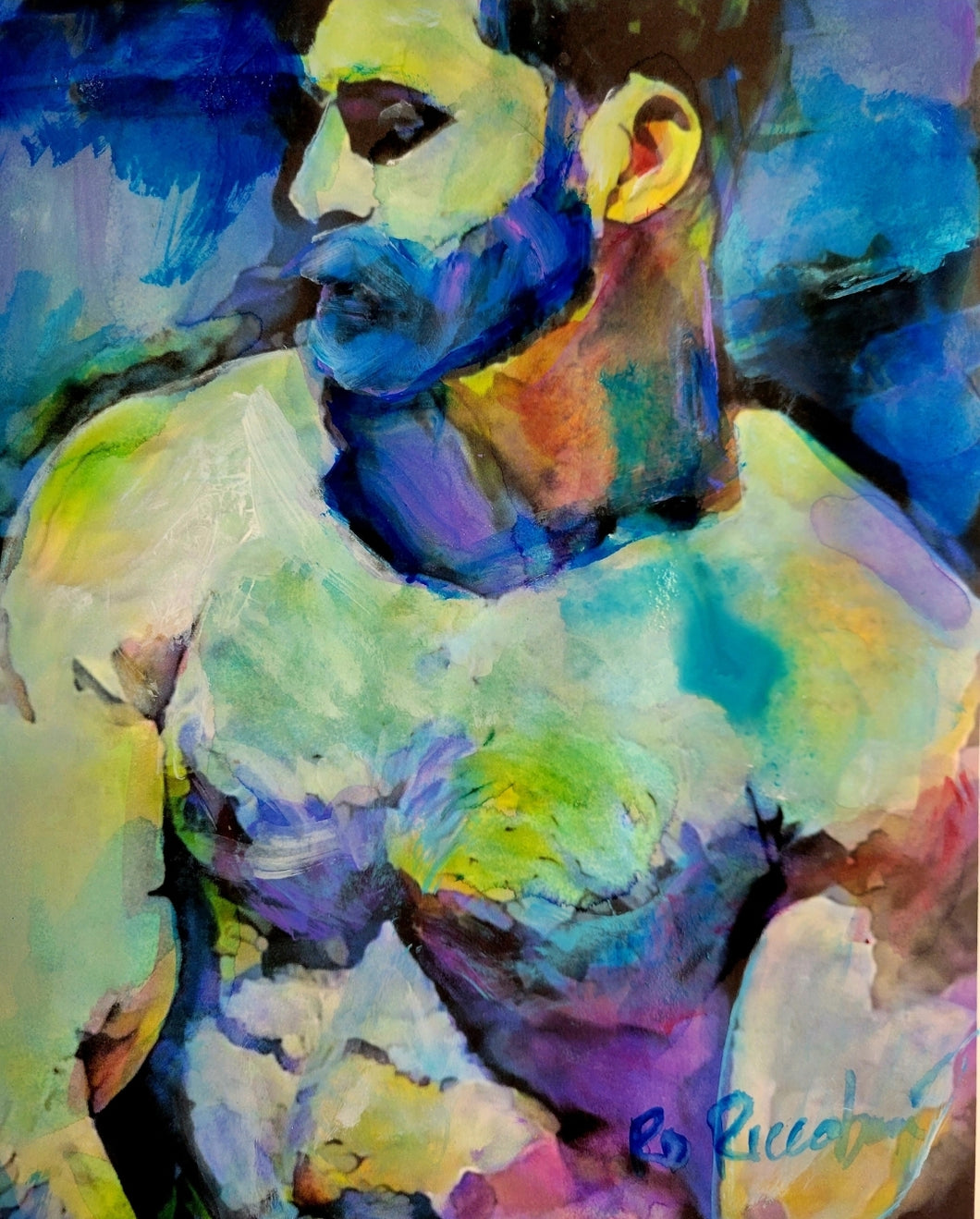 Blue Wolf Seaside - Self Portrait Beefcake Painterly Style hand signed art painting print