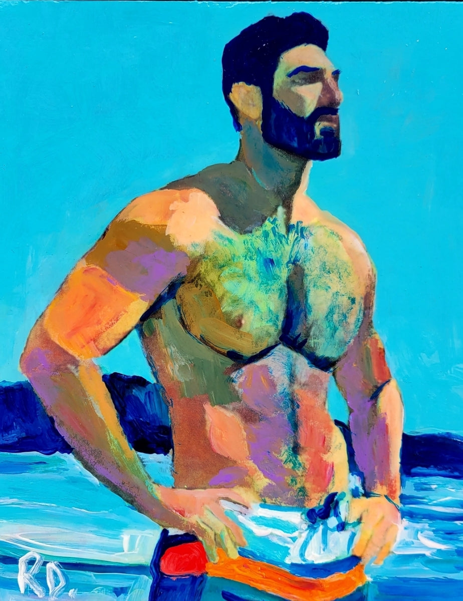 Rainbow Beefcake Portrait Painting in Painterly Style hand signed art painting print